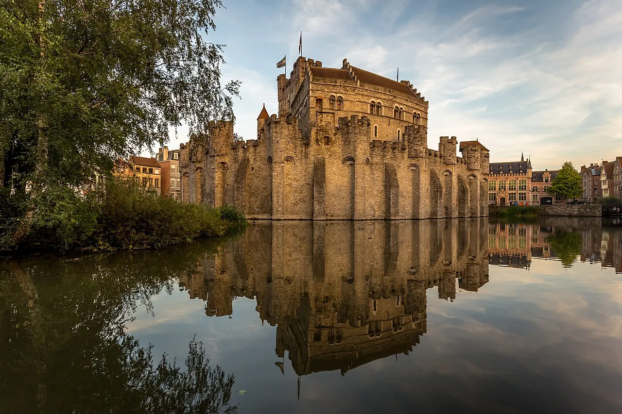 Gravensteen Castle reflected in the water in Ghent