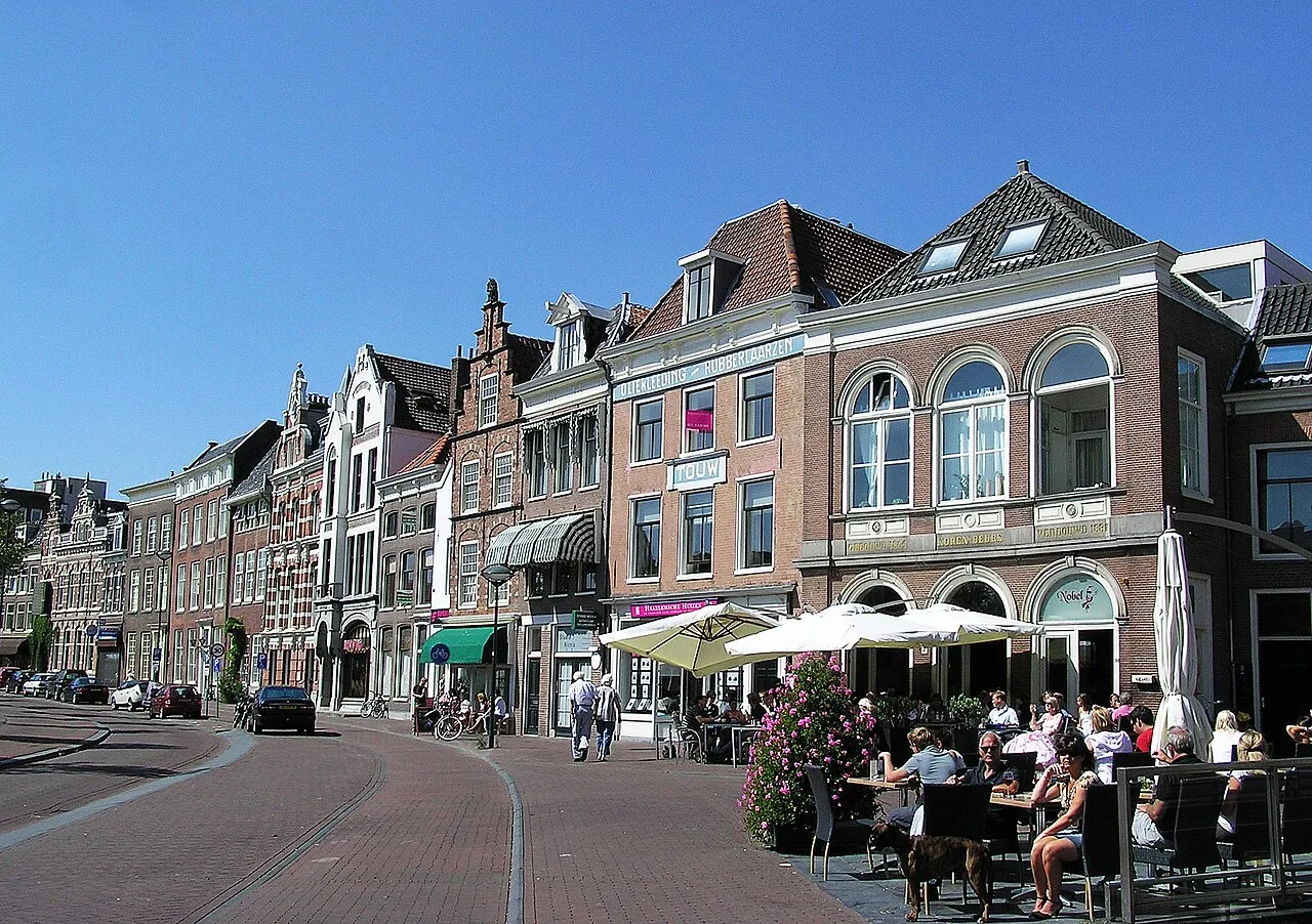 Historic houses on Donkere Spaarne street in Haarlem